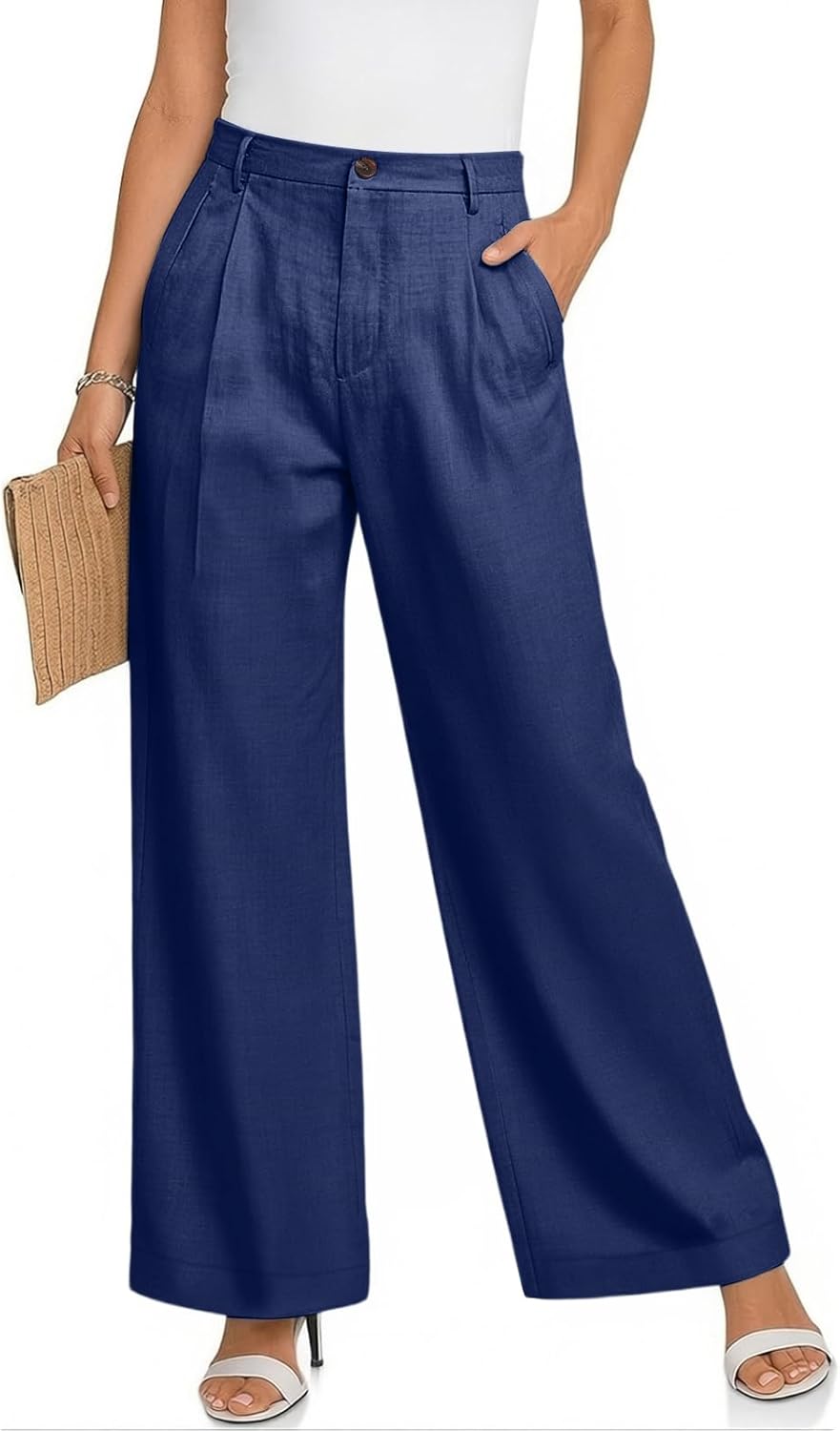 Linen Pants Women Business Casual High Waisted Wide Leg Pants with Pockets Dressy Lightweight Office Work Trousers