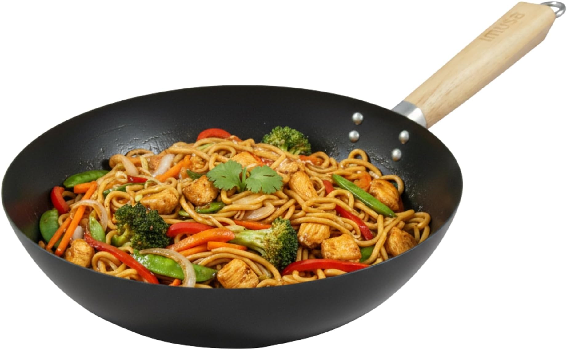 IMUSA 11in Carbon Steel Nonstick Wok with Wood Handle, Stir Fry Pan for Vegetables, Rice, Noodles, and Asian Cooking, Black
