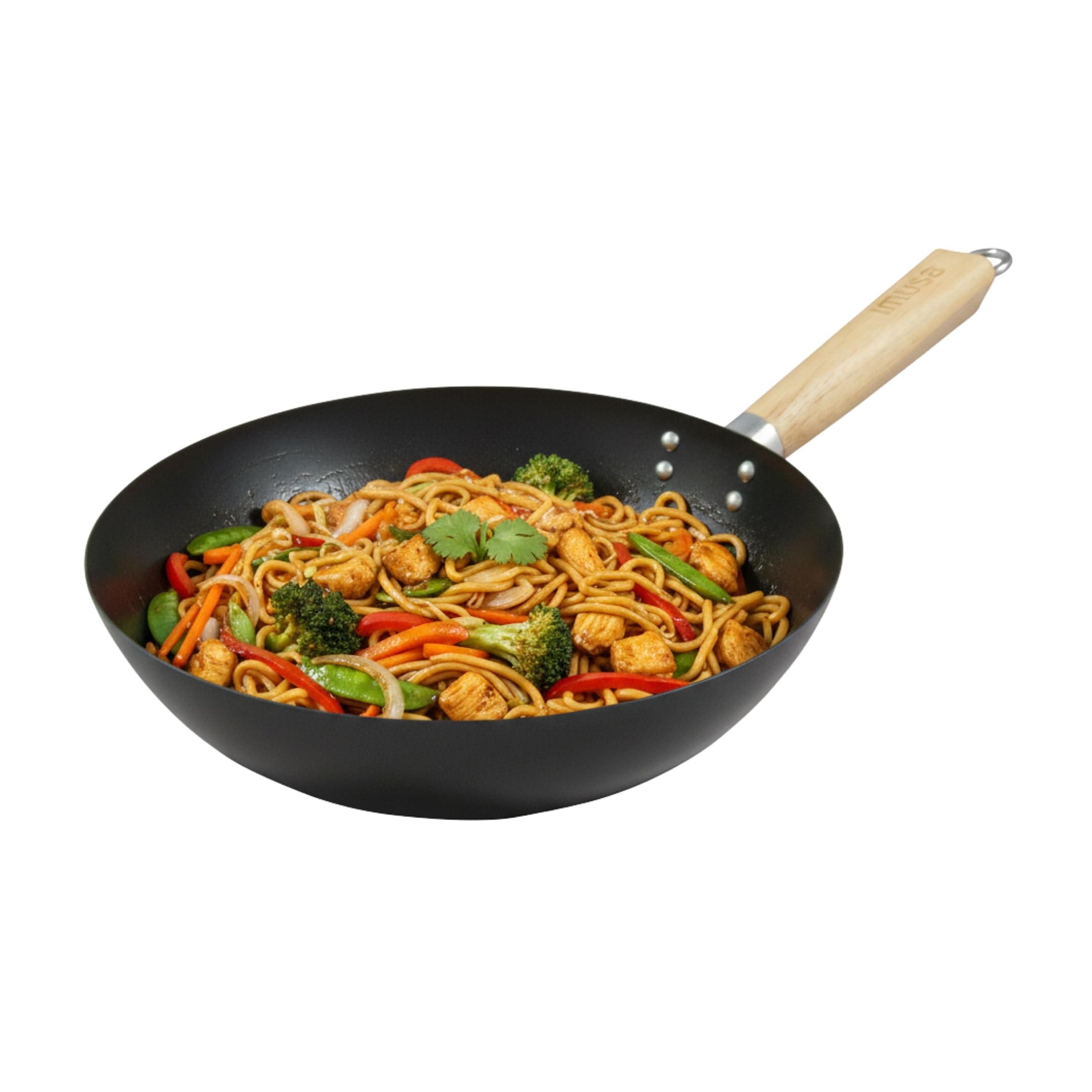IMUSA 11in Carbon Steel Nonstick Wok with Wood Handle, Stir Fry Pan for Vegetables, Rice, Noodles, and Asian Cooking, Black