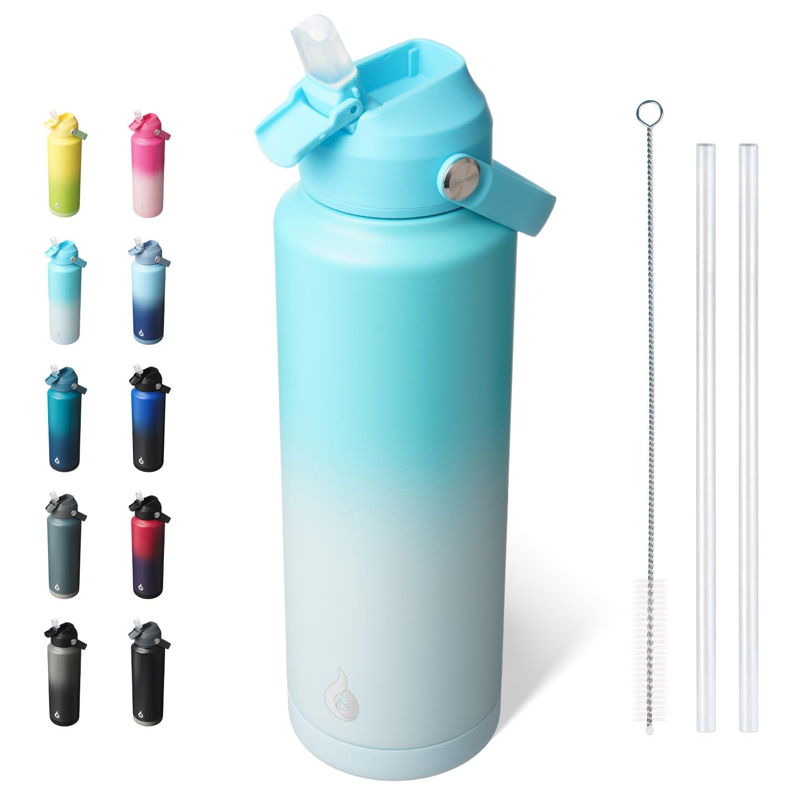 BJPKPK Insulated Water Bottle with Straw Lid, 40oz Large Thermos, BPA Free Leak Proof Stainless Steel Metal Water Bottles, Tumblers, Cups, Flasks for Travel, Sports,Sea Salt