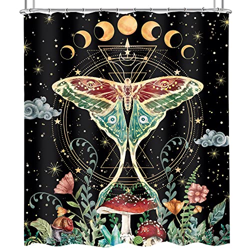 Omifly Mushroom Moth Shower Curtain 60Wx72H Inch Butterfly Moon Phase Bathroom Set Trippy Stars Celestial Aesthetic Botanical Witchy Tarot Plants With 12 Hooks Fabric Waterproof Accessories Decor #TOP4