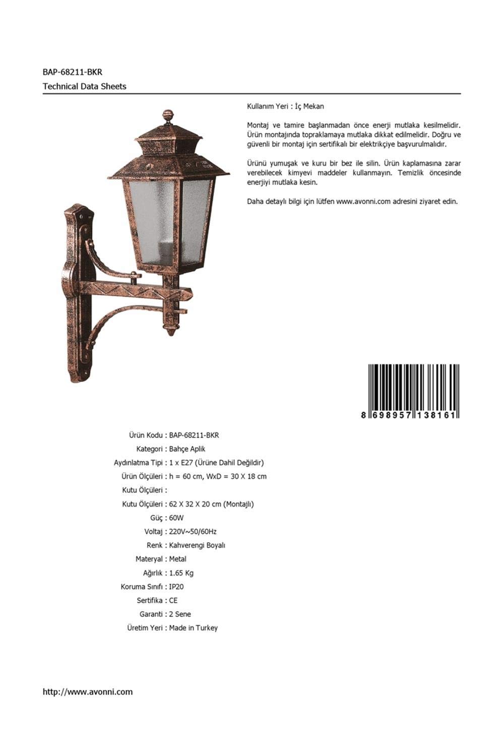 Avonni 68211 Bahçe Aplik, 60 w, Kahverengi