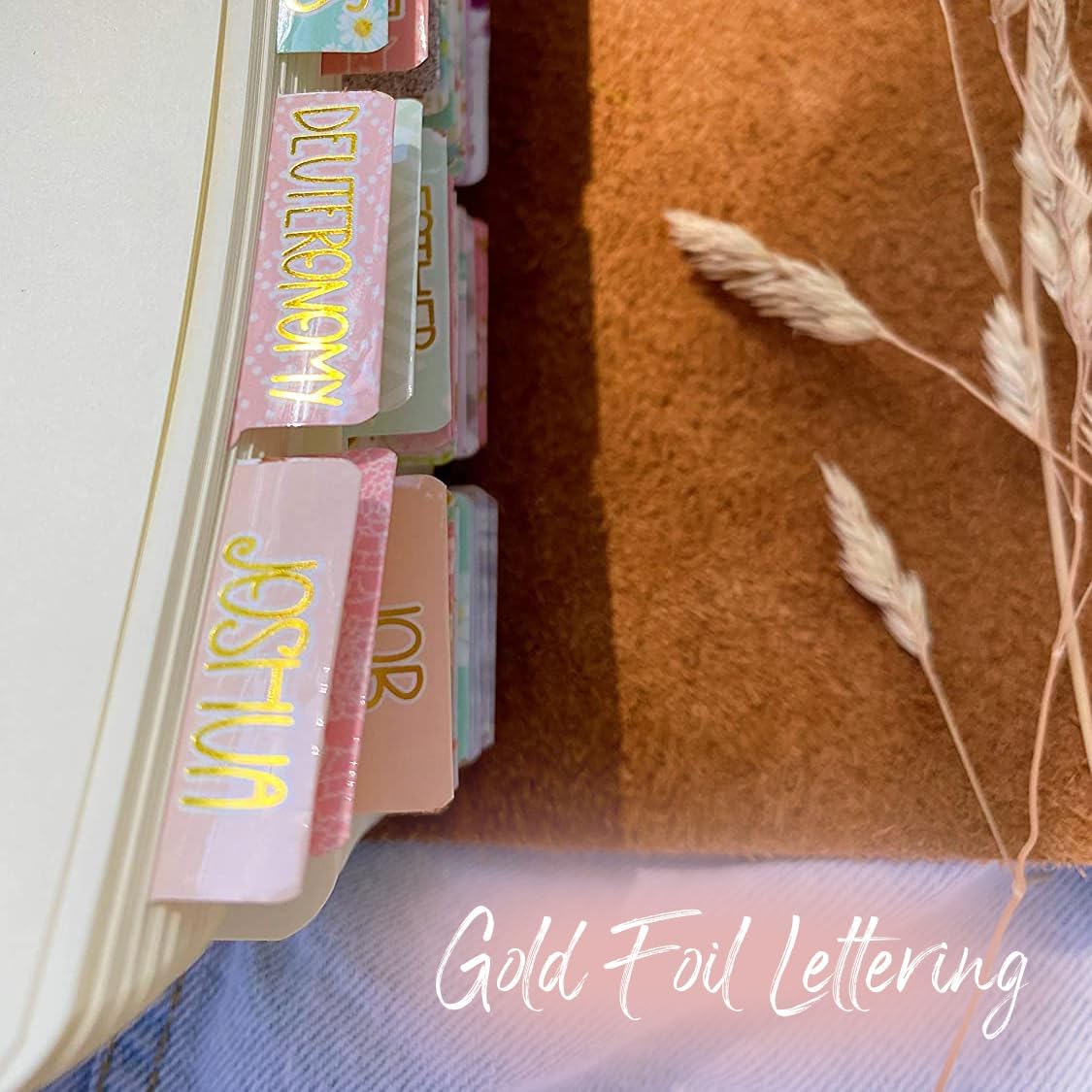 Idyllic Grace - Bloom with Grace - Decorative Bible Tabs - Gold Foil - Laminated - Indexing - Journaling - 78 Book Tabs - 9 Blank Tabs - New & Old Testament - Catholic - Apocrypha