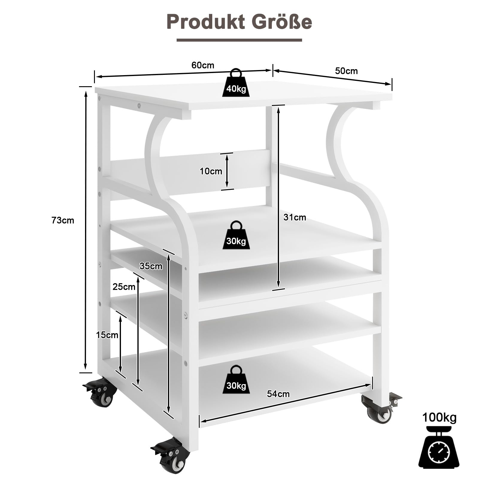PUNCIA 3-Ebenen Druckertisch höhenverstellbar 60 x 50 cm Druckerständer | Mobiler Druckerhalter mit Rollen Druckwagen aus Holz & Metall für Großen Drucker für Arbeitszimmer Büro Office Weiß
