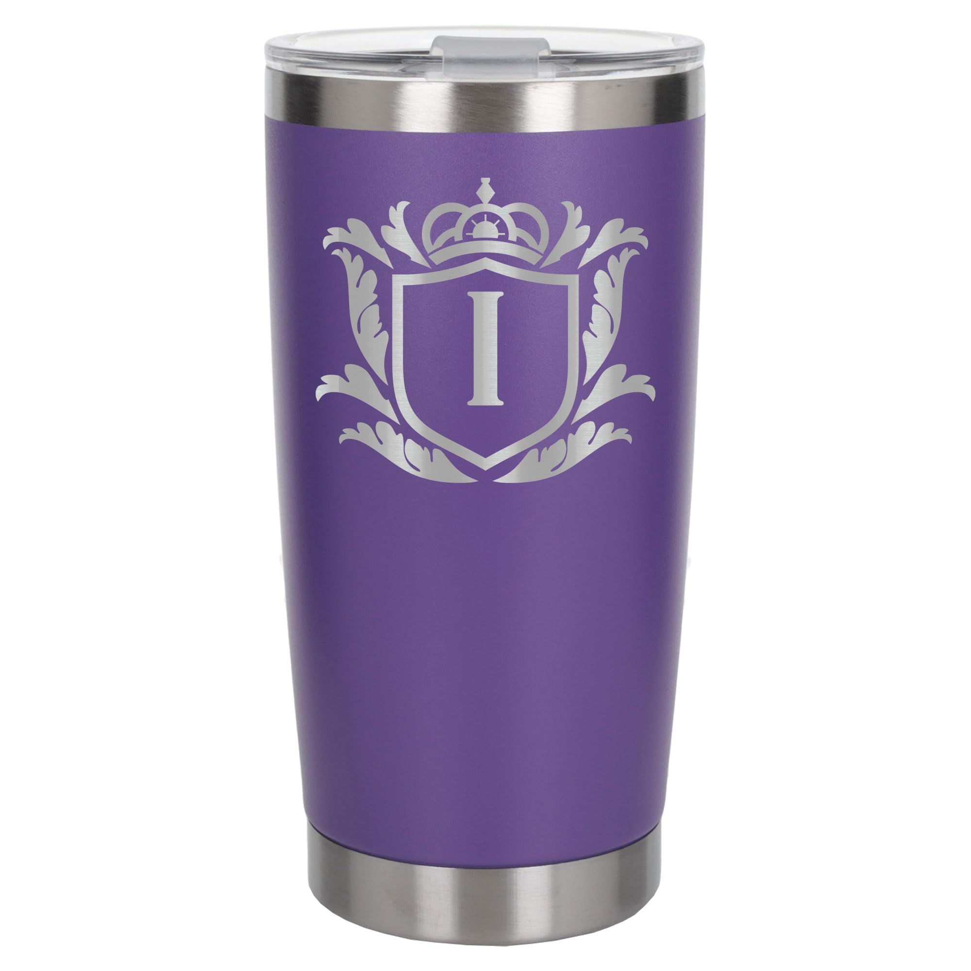 Customised Gifts 500ml Engraved Shield Initial Monogram Insulated Personalised Purple Travel Mug for Men and Women - Personalised Initial Coffee Travel Mug for Hot and Cold Beverages, Letter I