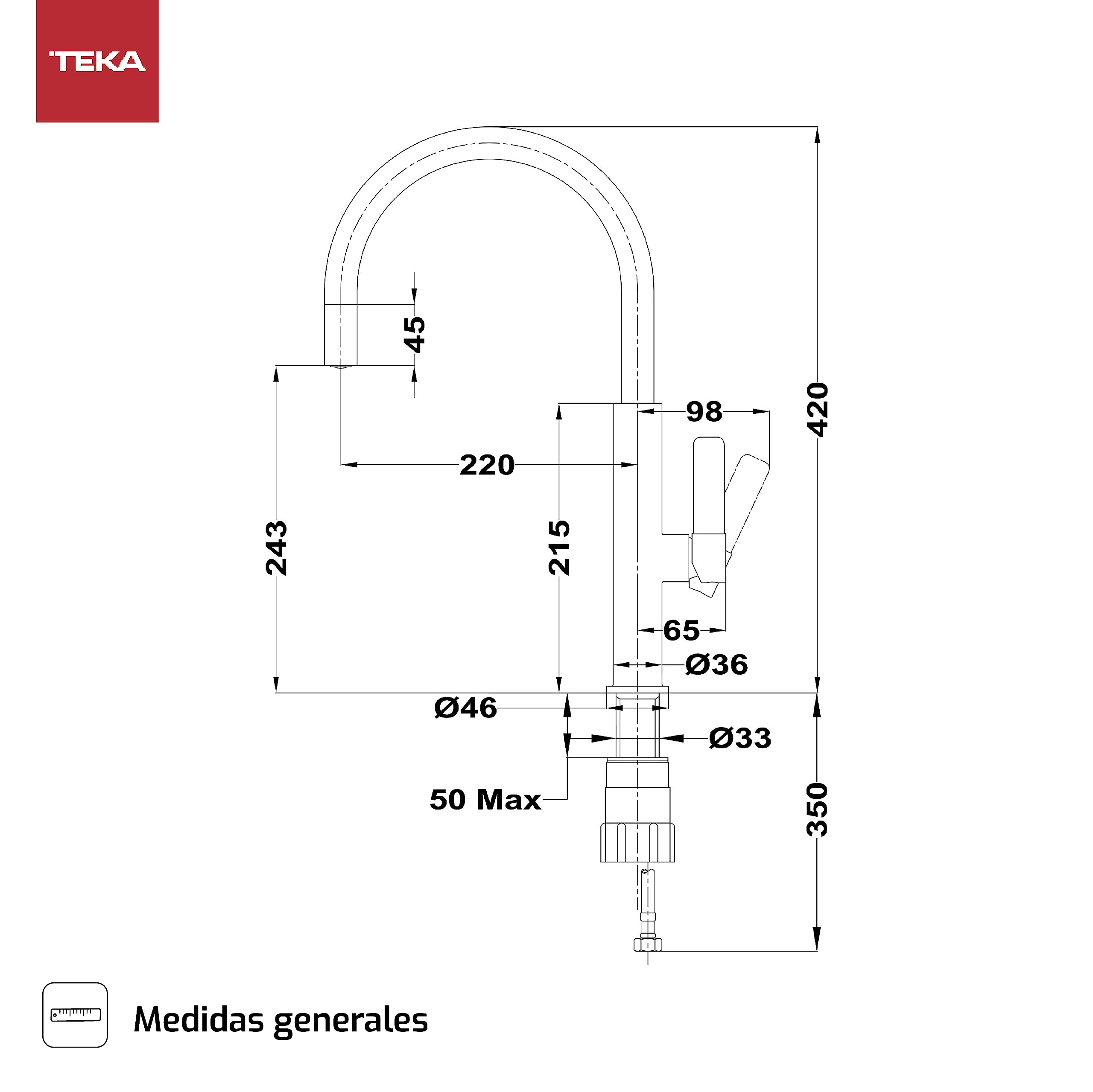 TEKA Grifo de Cocina Monomando, Caño Alto Giratorio, Aireador Anticalcáreo, Sistema Easy-Quick, Latiguillos Flexibles 3/8” y 1/2”, Acabado Negro y Cromo, Modelo FOT 995