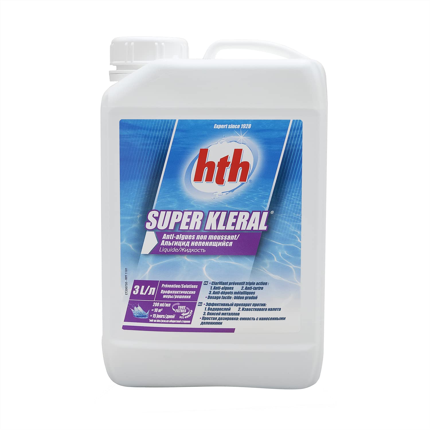 HTH Super KLERAL Liquide - 3L | Anti-Algues Multifonction - Triple Action : Anti Algues, Anti Tartre, Séquestrant Métaux - Non moussant + 10 Tests HPS OFFERTS 6 en 1
