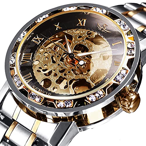 Watches, Men's Watches Mechanical Hand-Winding Skeleton Classic Business Fashion Stainless Steel Steampunk Dress Watch Gold