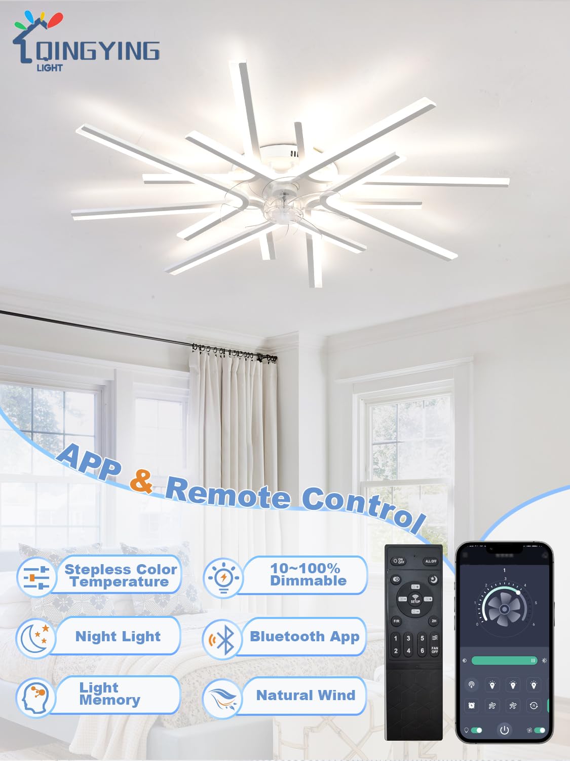 Moderna Lampara Ventilador Con Mando A Distancia APP, Ventilador Techo Con Luz Reversible 6 Velocidades CC, Luz Ventilador Techo Regulable LED Para Dormitorios Y Salón-White||8 Heads
