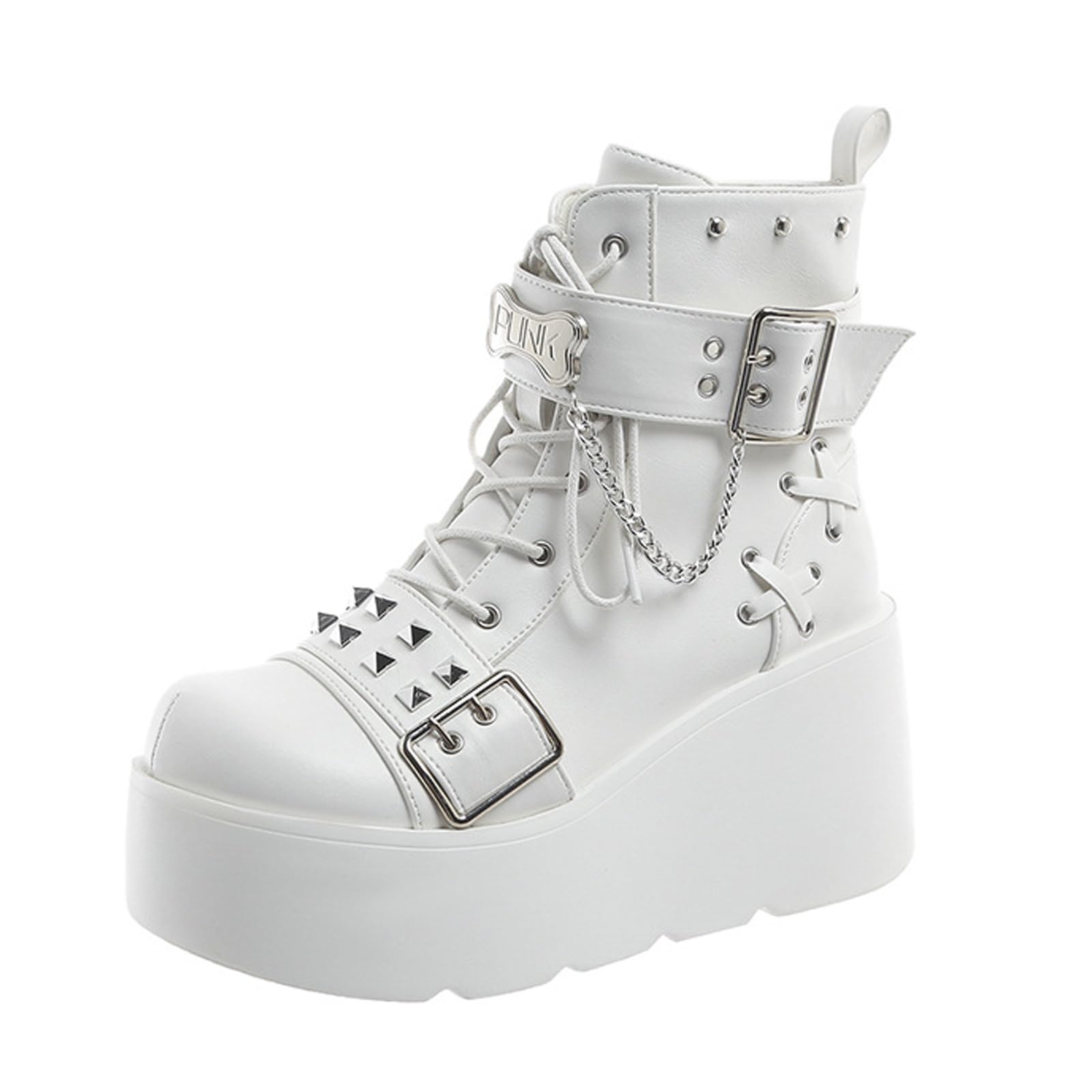 Womens Rivet Wedge Gothic Ankle Boots Fashionable Round Toe Chunky Platform Non-Slip Lace-Up Punk Short Boots For Party