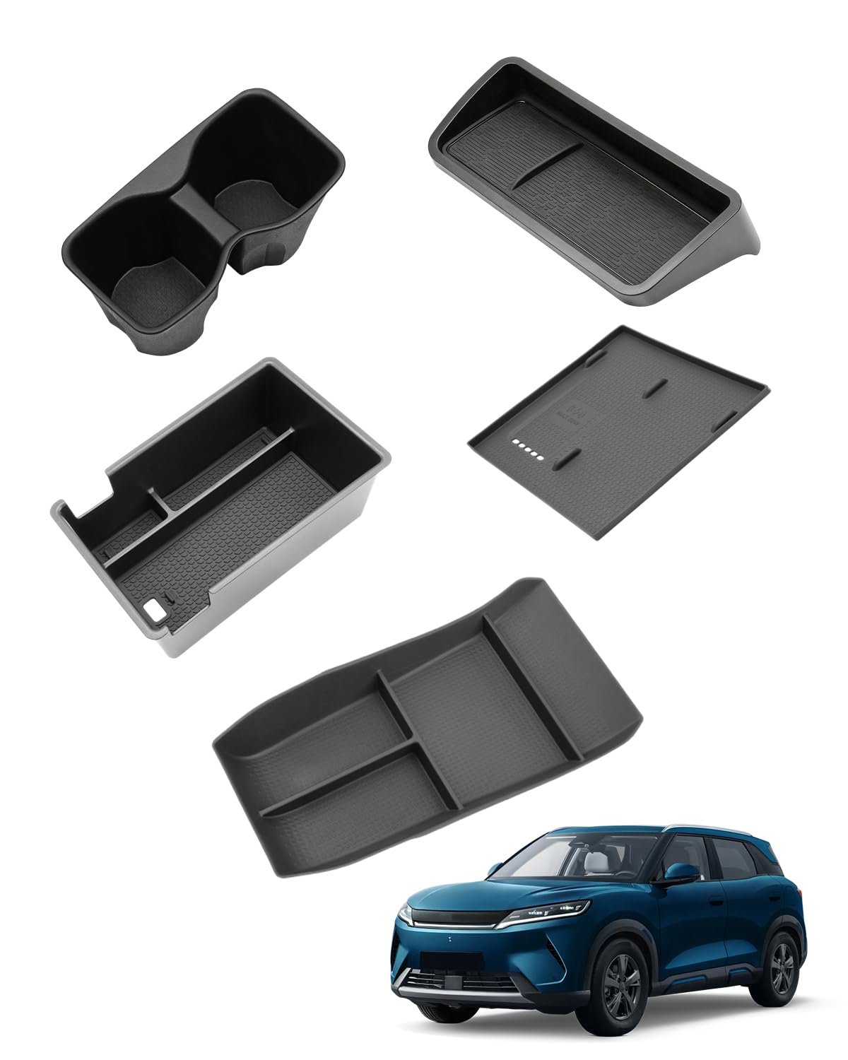 [5 pezzi] Set scatola portaoggetti per console centrale per BYD Atto 2 EV DM-i 2026 (Non per Atto 2 2025), tappetino di ricarica in silicone, vano portaoggetti, organizer per bracciolo, vano