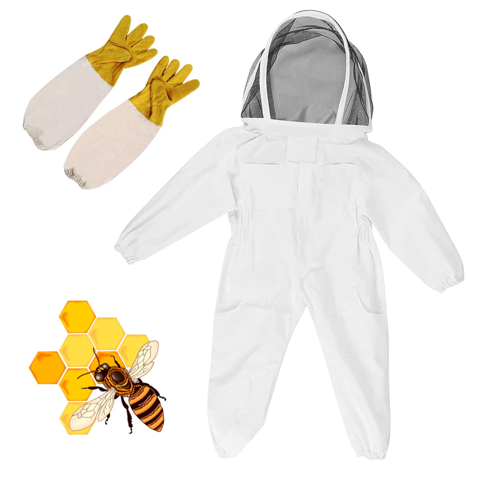 Imkeranzug Kinder, Bienenzucht mit Handschuhen für Kinder – Baumwolle mit Langen Ärmeln, Imkerbedarf Schutz für Kinder(Weiß, M)