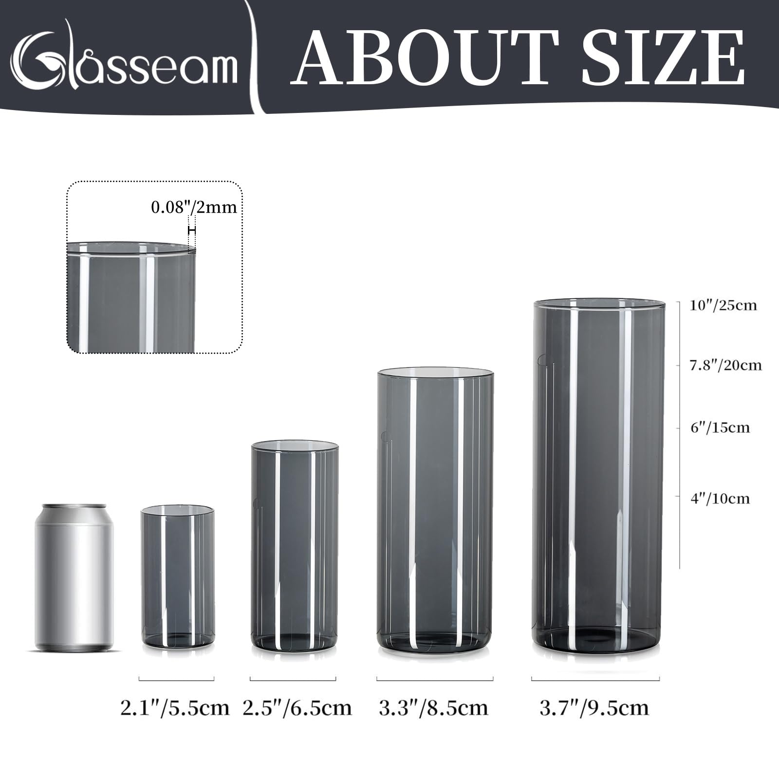 Glasseam Glasvase Zylinder Kerzengläser: 12er Grau Vase Set für Tischdeko | Glaszylinder Windlicht für Kerzen, Rauchglas Blumenvase Modern Glasvasen, Home, Hochzeitsdeko, Party, 10x5.5/15x6.5/20x8.5cm