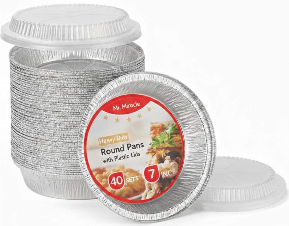 Mr Miracle Pack of 40 Disposable Aluminum Foil Pans with Clear Lids – 7 Inch Circular Aluminum Pans, Ideal for Baking, Storing, Heating, Serving - Round Foil Pans with Lids