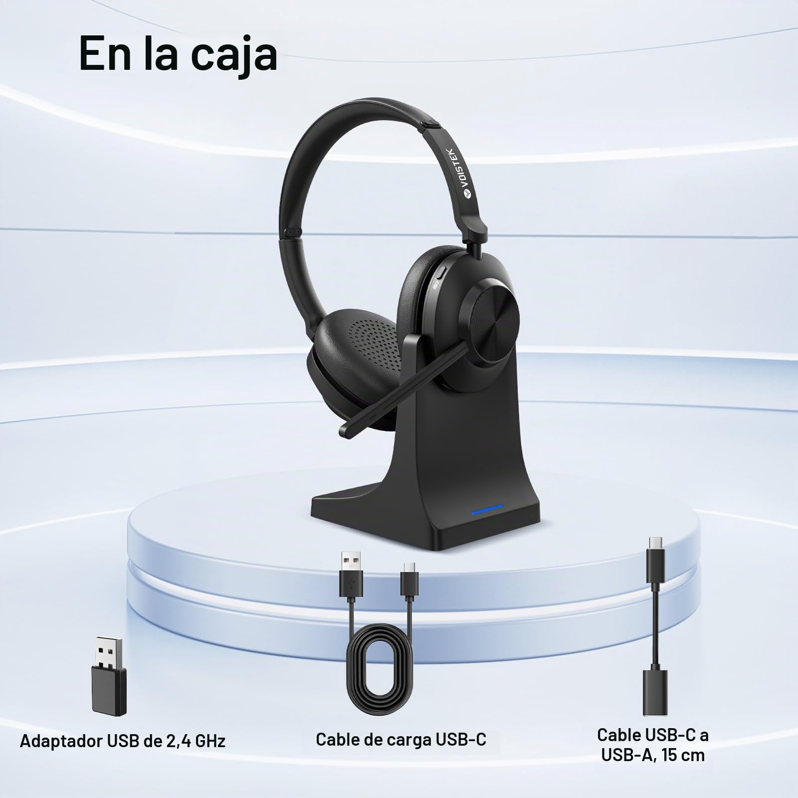 Voistek Auriculares Bluetooth Inalámbricos con Micrófono y Cancelación de Ruido, Dongle USB para PC, Diseño Ligero y 45 Horas de Autonomía con Botón, Compatible con Windows, Mac, iOS, iPadOS, Android