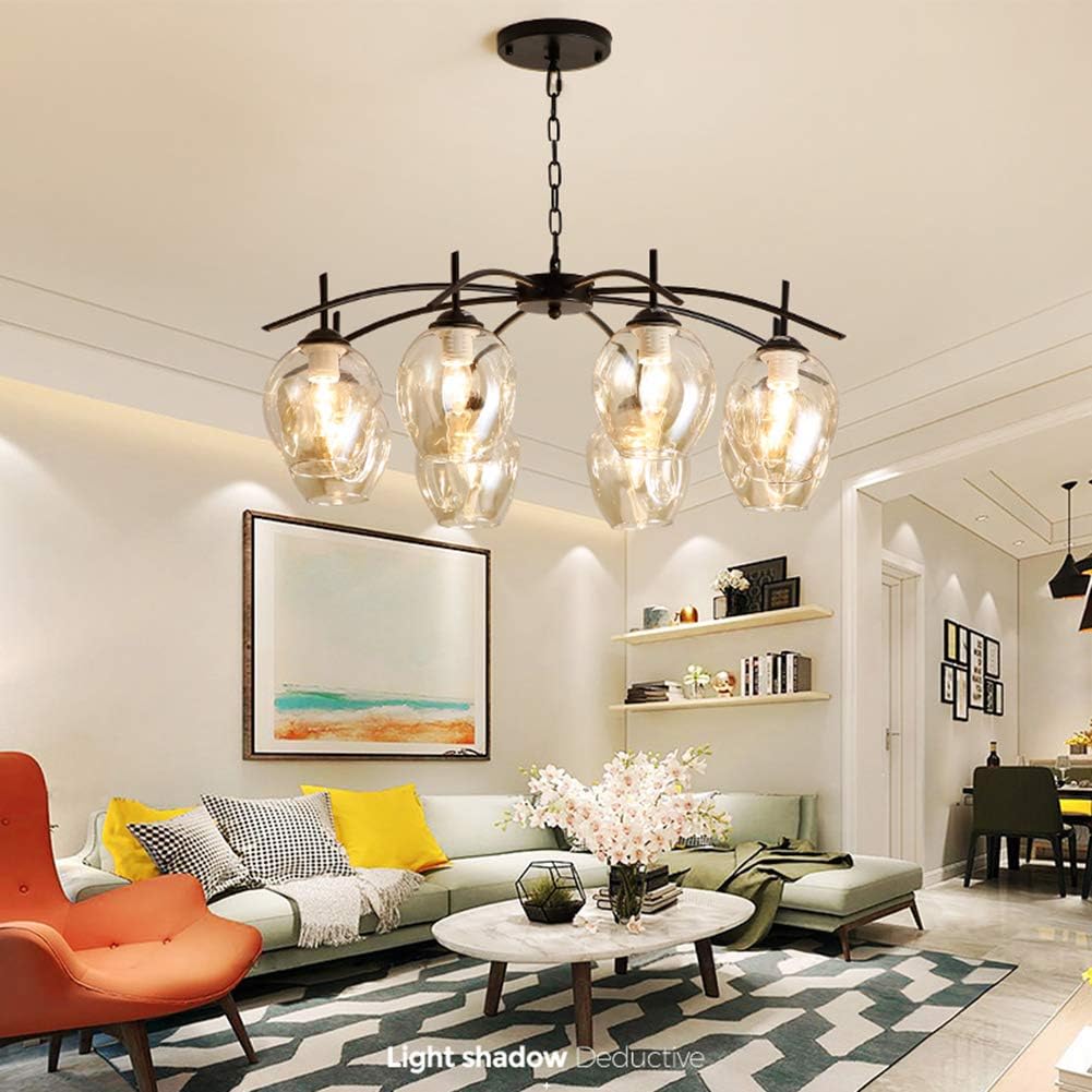 Black Friday - 40% OFF FINE MAKER Modern 8-Lights Chandelier Clear Pendant Cognac Glass Lamp Shade Island Lighting Black Iron Frame Ceiling Light for Dining Room/Cafe/Bar/Living Room