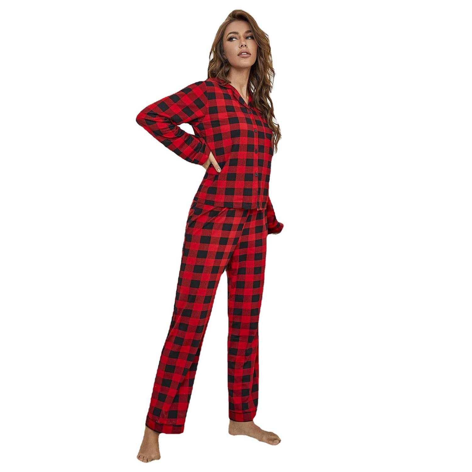 JOMA-E ShopPyjamas Set for Women, Checked Loungewear Soft Two Pieces Pj’s Sets Long Sleeve Tops and Plaid Pants Sleepwear Ladies Xmas Nightwear