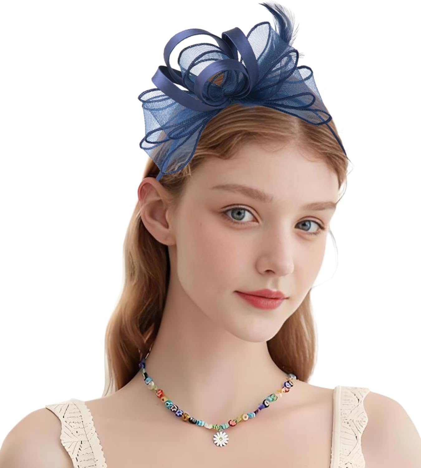 Kgromfy Fascinators for Women Tea Party Hats Derby Hat Wedding Headwear Cocktail Fancy Dress Party Headband Navy Blue