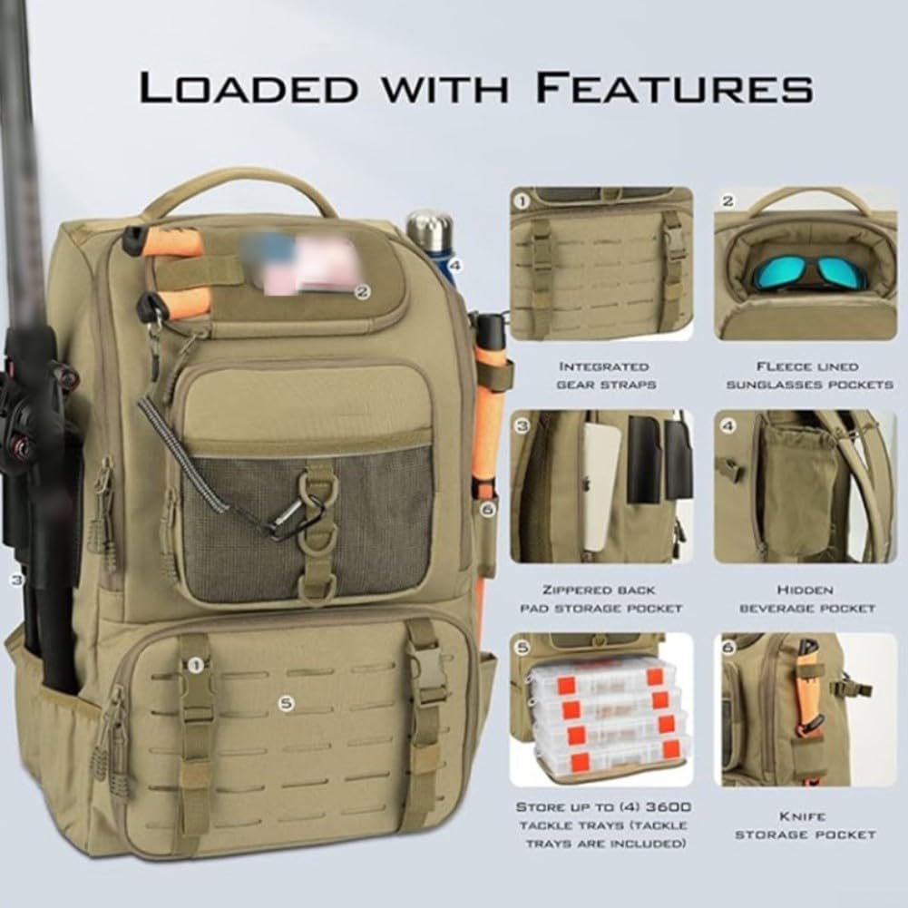 Sac à dos pour matériel de pêche 40 l avec support de canne et 14 poches pour un rangement organisé du matériel adapté pour la randonnée, le camping et les excursions de pêche en plein air en noir