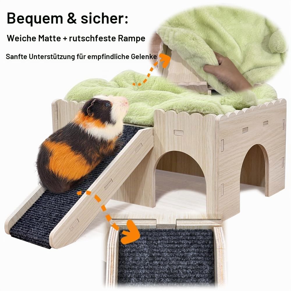 Meerschweinchenversteck aus Holz mit Rampe, 4 Eingänge, mit weichem Pad, 9 mm Holz, für Meerschweinchenhaus, Hasenversteck