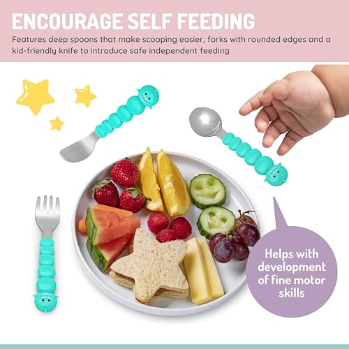 Miniatura 5 de melii Juego de tenedor y cuchillos de cuchara de alimentación para niños y niños acero inoxidable bulldog gato tiburón oso sin BPA apto para