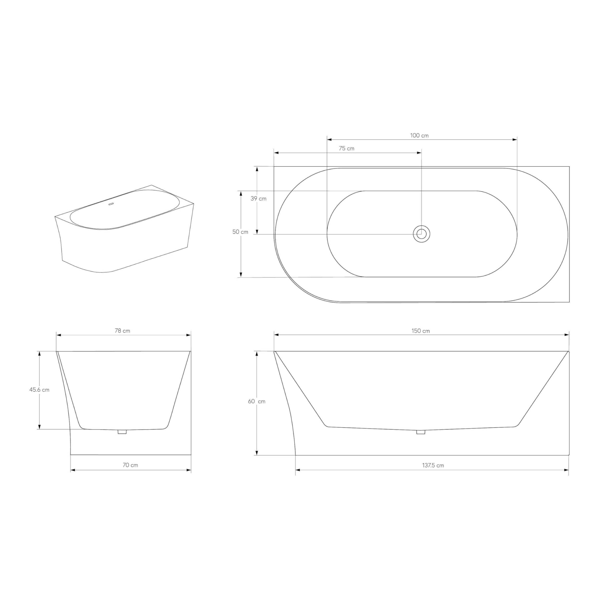 Vasca da bagno freestanding NOVA SLIM LINE - bianco lucido - installazione a destra - Senza rubinetteria, Senza sistema di drennaggio, 150 x 78 cm