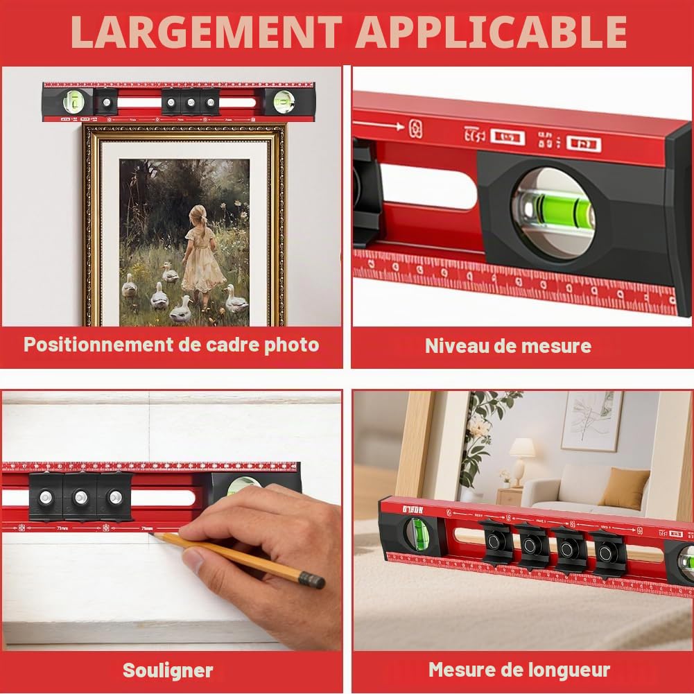 Gabarit de perçage pour électricien - Niveau à bulle de 40 cm - Avec 4 gabarits de perçage réglables - En aluminium avec double échelle pour trous précis, prises, suspension de photos