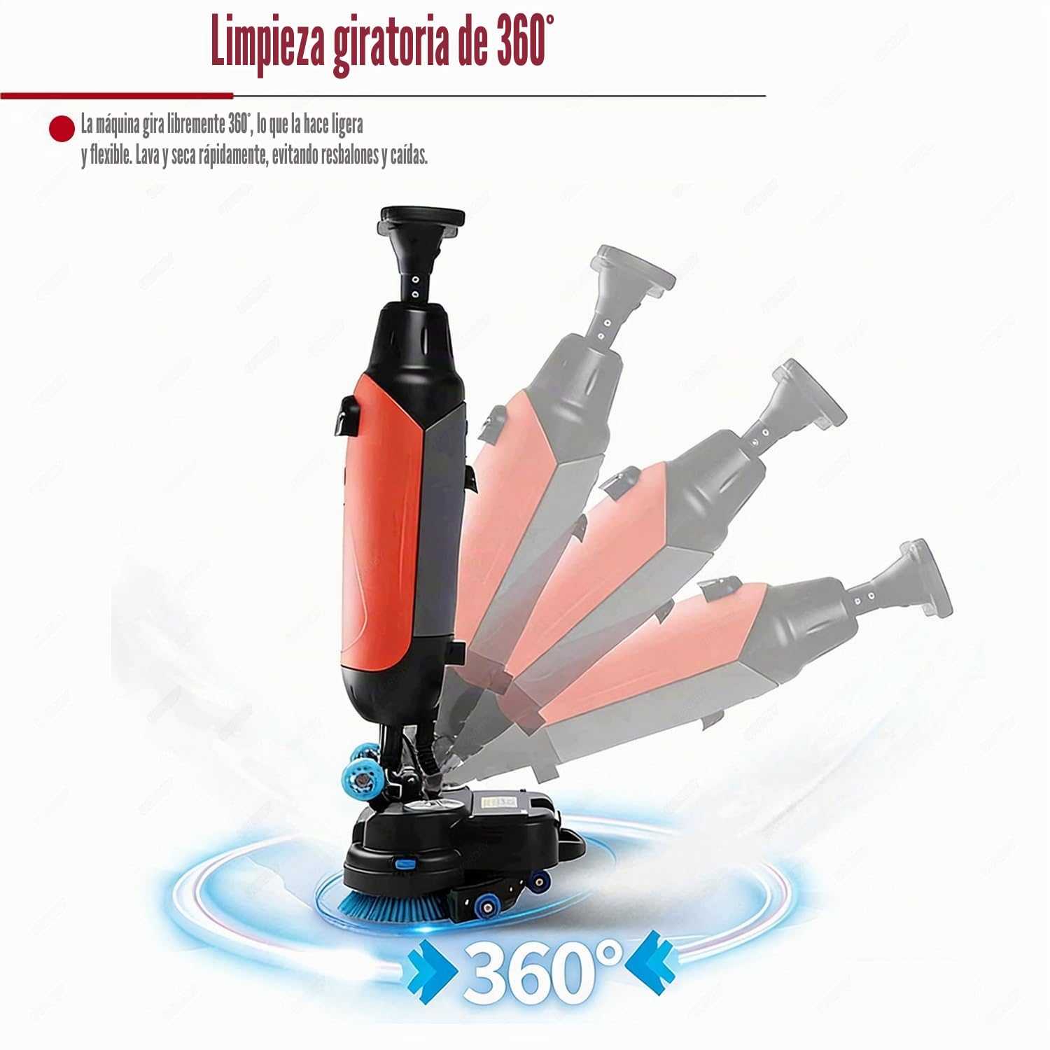 Pulidora y abrillantadora de pisos comercial con operador a pie de 43cm, cepillos dobles,almohadillas y impulsores dobles, estructura de limpieza de 360°,batería de litio recargable inalámbrica
