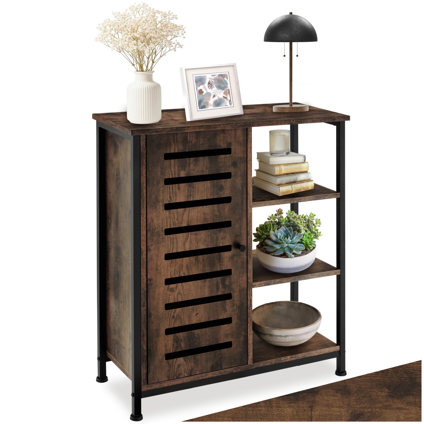 tectake® Industrial Sideboard, Kommode Schlafzimmer mit 3 Fächern und Schrankfach, TV Schrank 71 x 32 x 82 cm, Flur Möbel, Wohnzimmerschrank, Cabinet (Tür Links, Industrial Dunkelbraun)