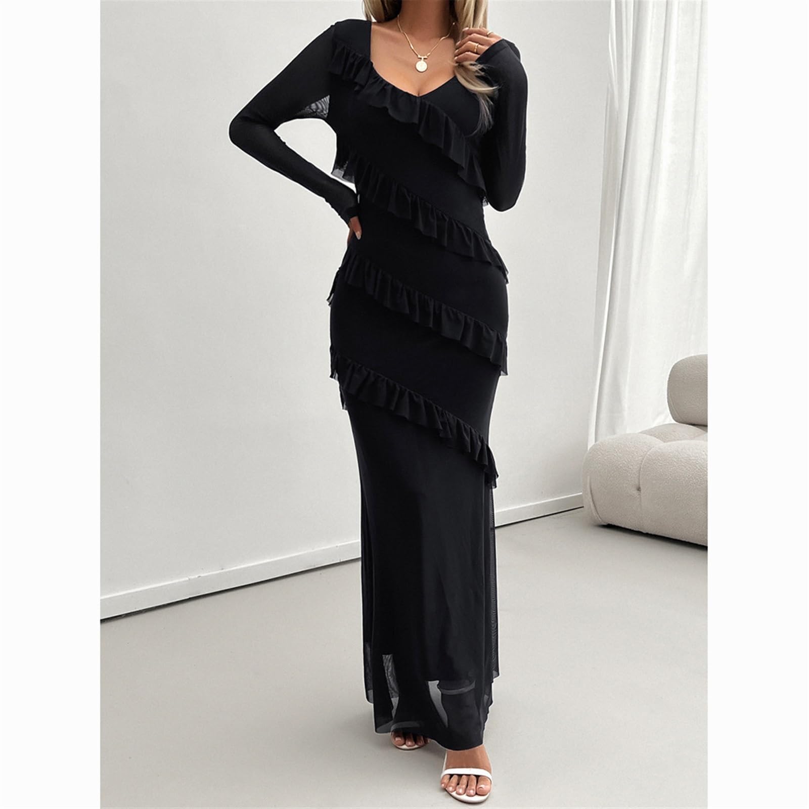 Amazon.com: Women's Long Sleeve Dress Bodycon Mesh Ruched Cocktail Maxi Dresses  Long Sleeve Bodycon Women's Autumn Dresses(Black,X-Large) : 服裝，鞋子和珠寶