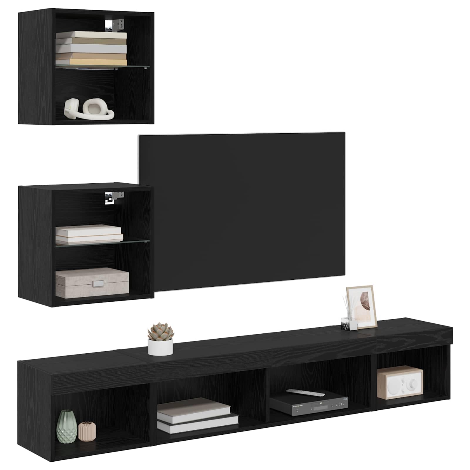 Solution de rangement moderne rectangulaire chêne noir pour TV suspendue