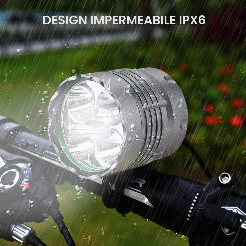 WASAGA Luci per Bici, Luce per Bicicletta da 6000 Lumens 5 LED, Luce Frontale per Mountain Bike Impermeabile con 8400mAh Pacco Batteria Ricaricabile, 3 modalità Luci per Bicicletta Faro Anteriore