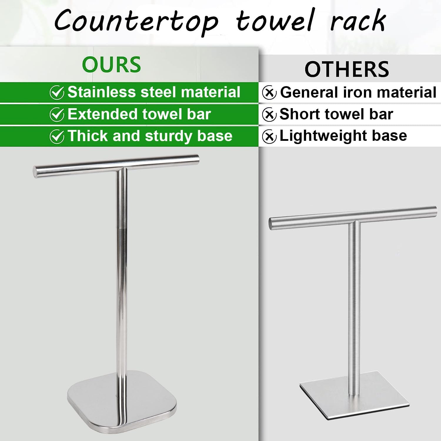 TocTen Hand Towel Holder Stand, T-Shape Hand Towel Rack for Bathroom Vanity Countertop, SUS 304 Stainless Steel Bath Towel Bar Stand with Heavy Duty Base (Polish Chrome)