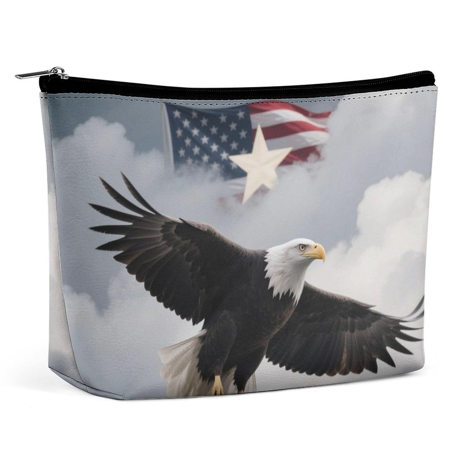 Travel Makeup Bag American Flag Bald Eagle Make Up Bag for Women Large Capacity Cosmetic Bags Waterproof Portable Make Up Pouch Open Flat Toiletry Bags Cosmetic Organizer