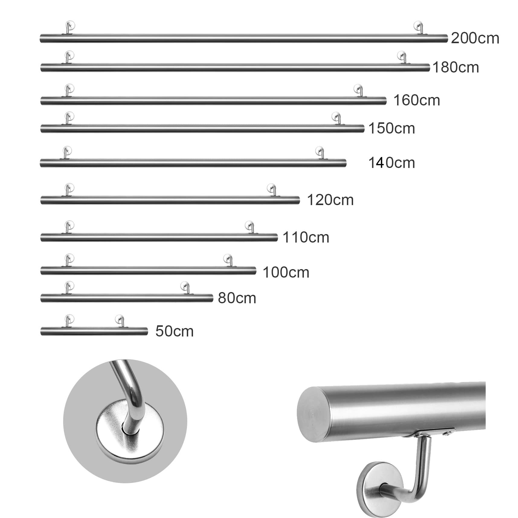 Gimisgu Pasamanos de acero inoxidable, pasamanos para escaleras, pasamanos de pared, escaleras para interiores y exteriores, barra con soporte y tapas, diámetro de 42 mm, longitud: 50 cm