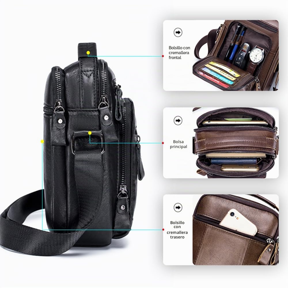 pundarika Bolso de hombro pequeño de cuero genuino para hombre, bolsas de hombre para hombre, bolso cruzado, bolsa de mensajero, correa de hombro ajustable.
