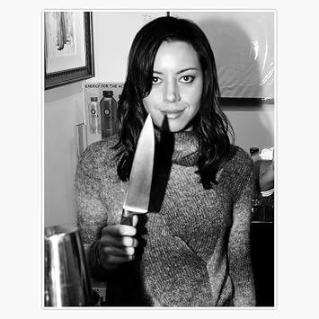 Aubrey Plaza Holding Knife Black White Photo Portrait - Funny Celebrity Fan Art - 5" Vinyl Decal Bumper Sticker