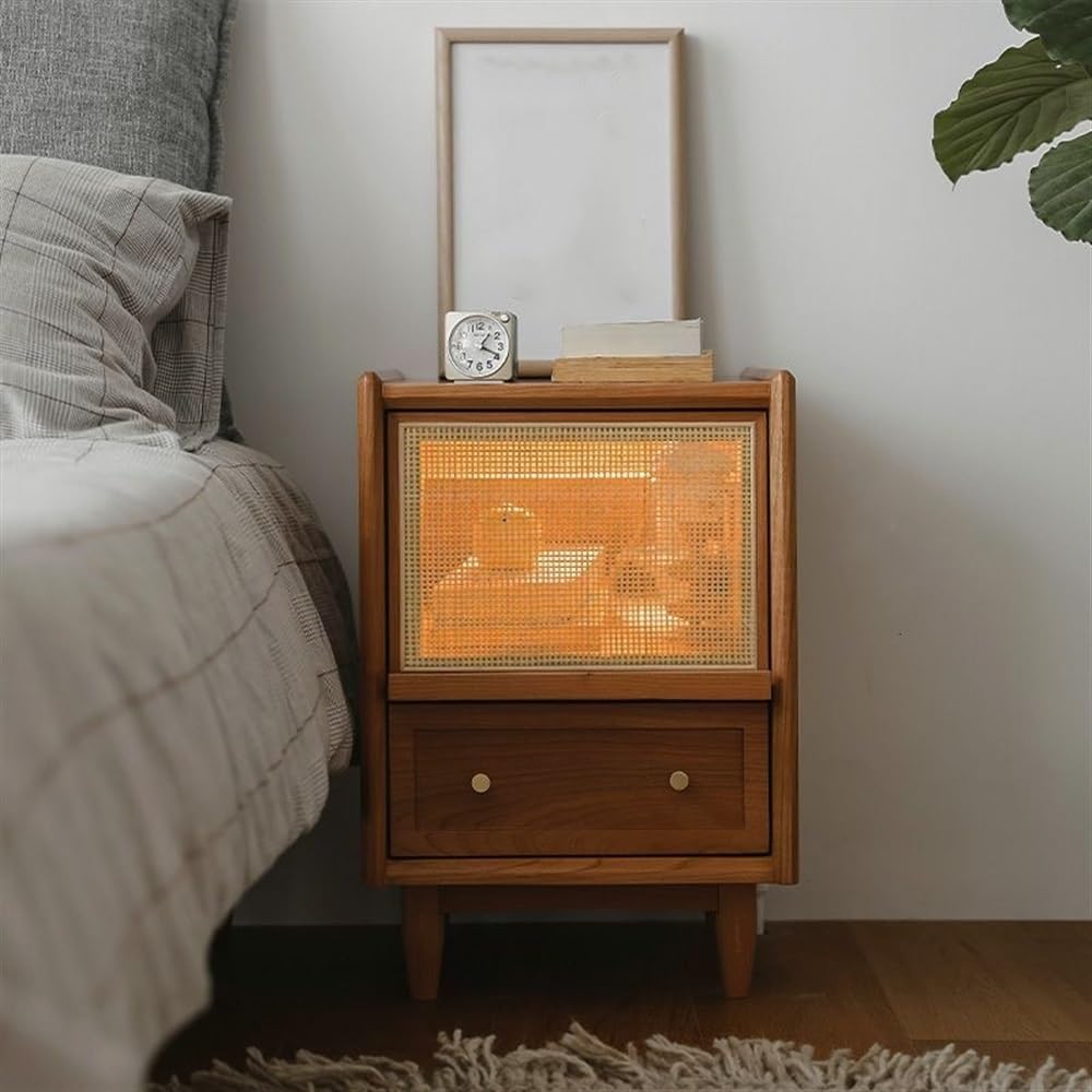 Table de chevet en rotin et bois massif, meuble moderne aux finitions premium
