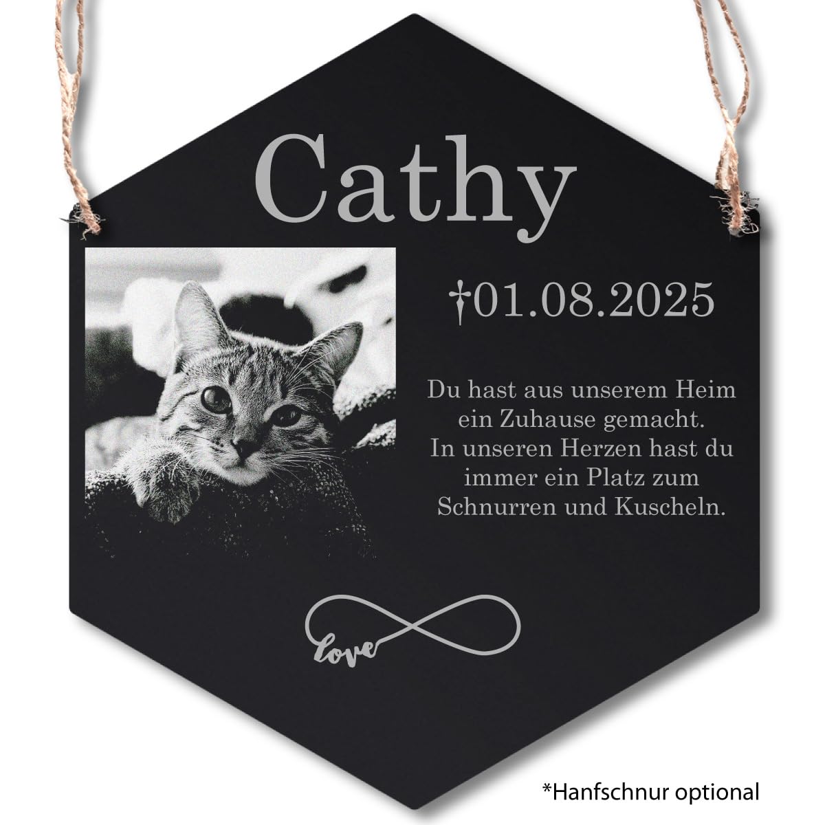 Personalisierter Sechseck Grabstein mit Foto Gravur - Acrylglas Schwarz Hochglanz 350 x 400 mm - wetterfest und wasserfest für Draußen und Innen, für Hund, Katze und alle Haustiere