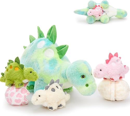 Vista 24 de Juguetes de dinosaurio rosa de 17.6 pulgadas para niñas, mamá dinosaurio de peluche con 3 dinosaurios de peluche