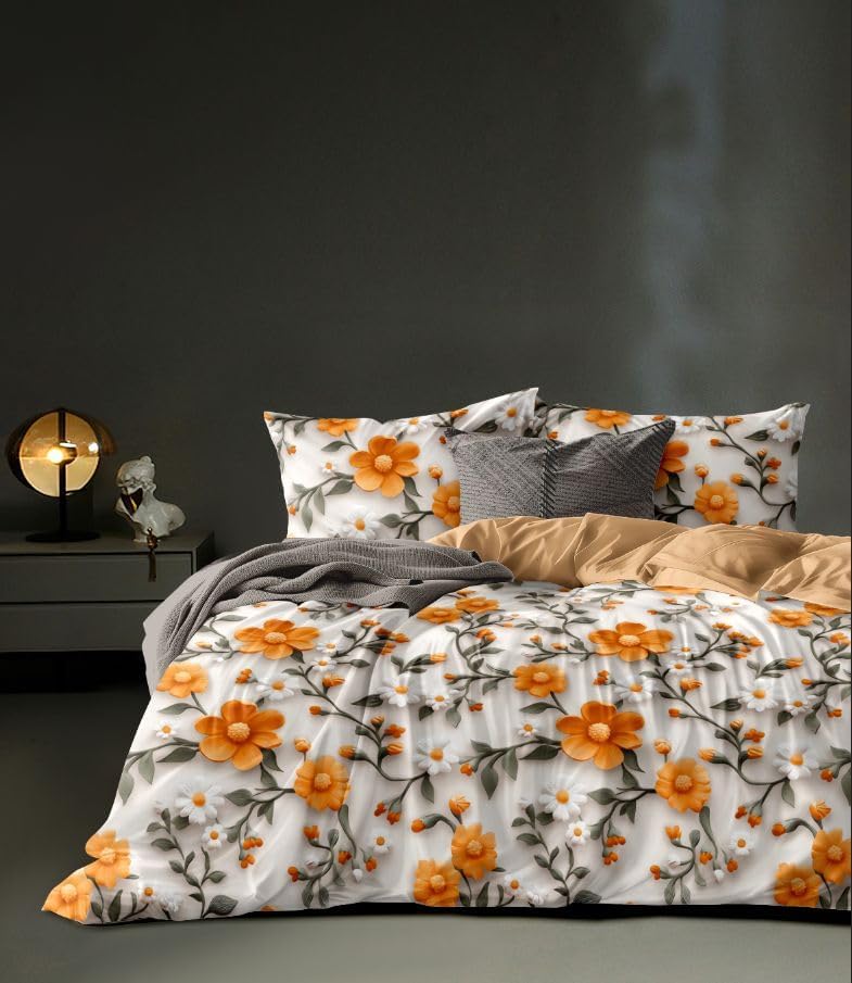 Image of LOOMLYFE 300 TC 7D Microfiber XXL Soft Cotton Super King Size Bedsheet for Double Bed, King Size 108 Inches X 108 Inches, 9 Feet, 275 X 275 cm with 2 Large Size Pillow Covers, OrangeSunflower