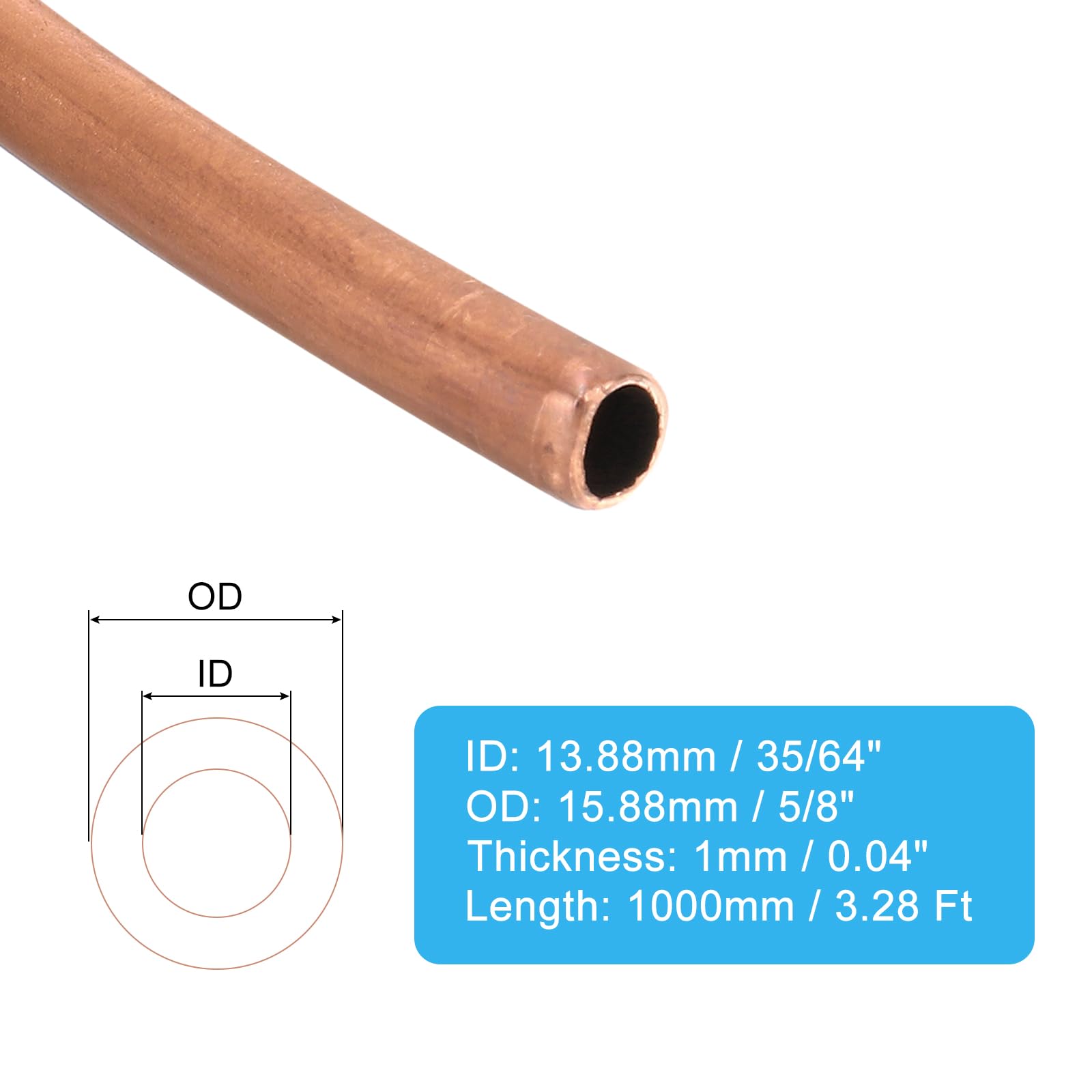 PATIKIL 35/64" ID 5/8" AD 0.04" Dick 99.9% Kupfer Rohr 3.28Ft Kälteschläuche Spule Nahtlose Rundrohre Schläuche für HVAC Industrie Schmuck Handwerk