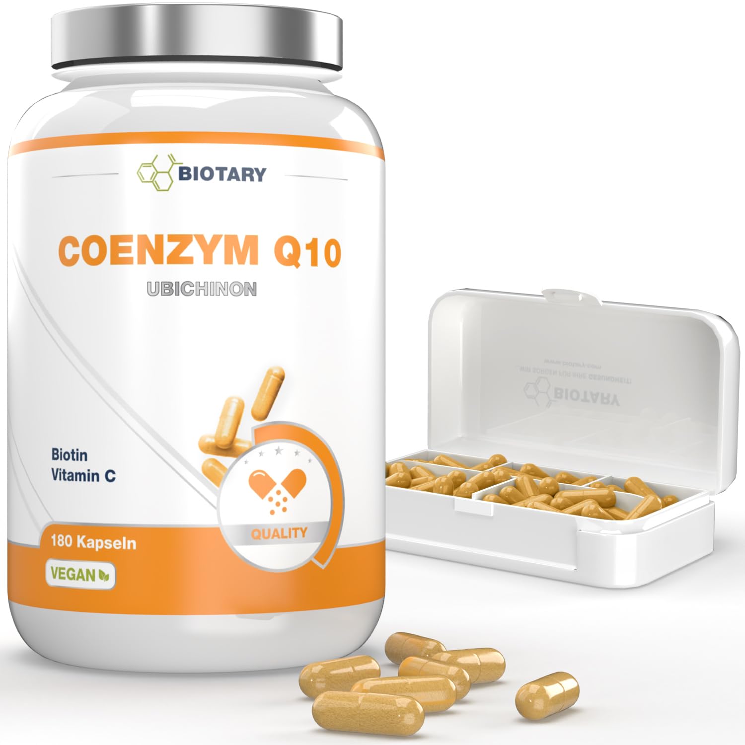 Coenzyme Q10 180 gélules 200 mg d’ubiquinone par gélule avec boîte à pilules incluse 6 mois de réserve avec vitamines C B3 B7 et poivre noir 100% végan qualité contrôlée