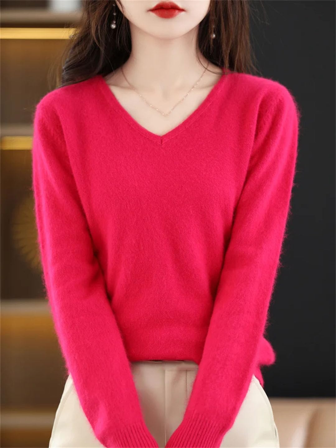 Maglione da donna caldo in cashmere con scollo a V, invernale, elastico, morbido, casual, basic