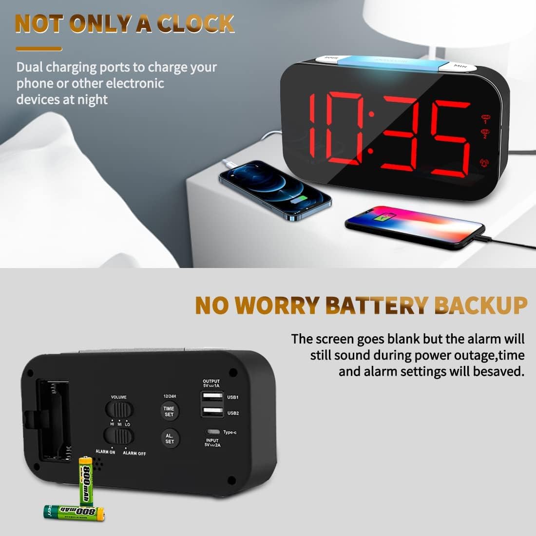 Image showing the alarm clock charging two smartphones via its dual USB ports.