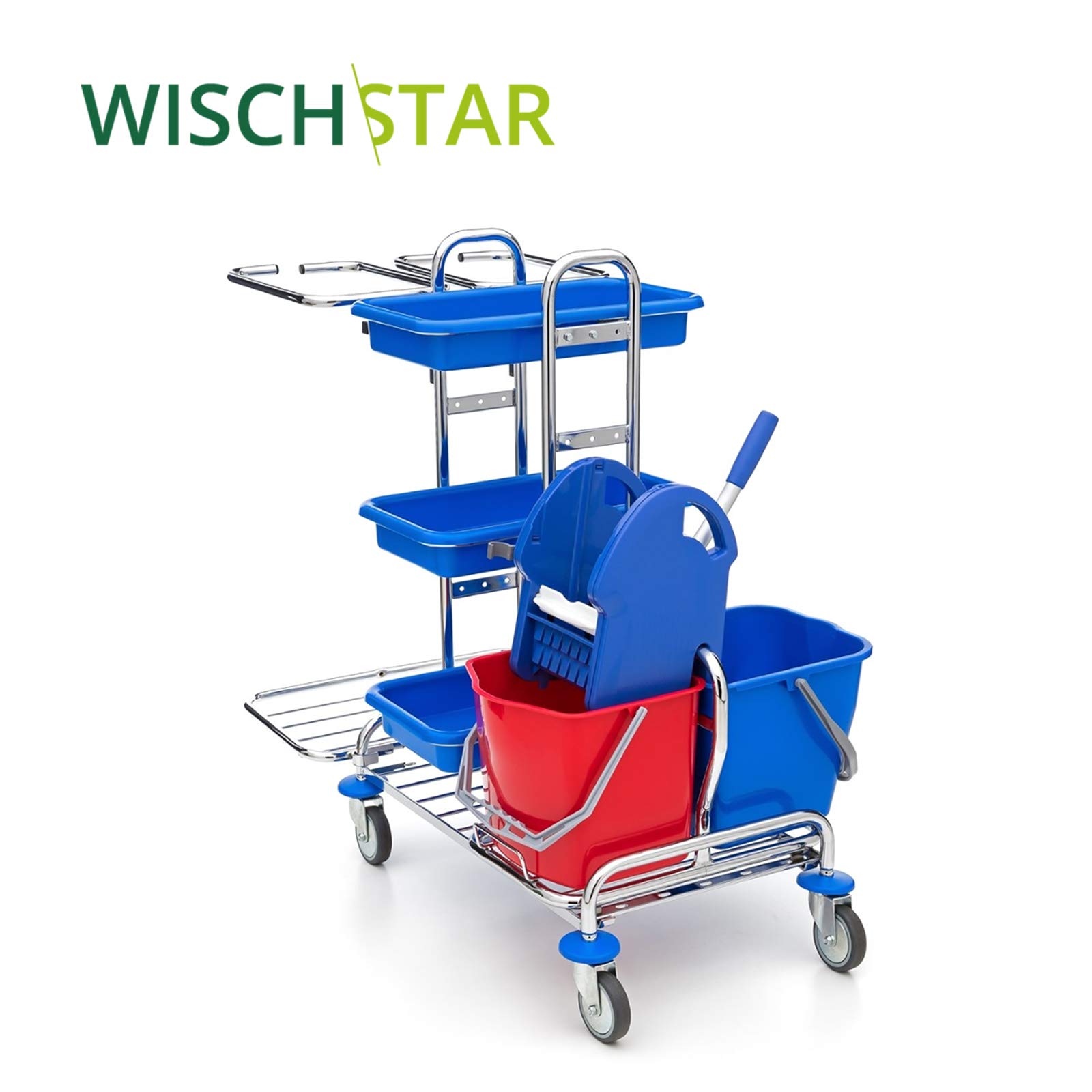 Wisch-Star Chrom Putzwagen Reinigungswagen mit Presse, 2X 17 Liter Eimer, 3X Ablagefächer und 2X 120 Liter Müllsackhalterung