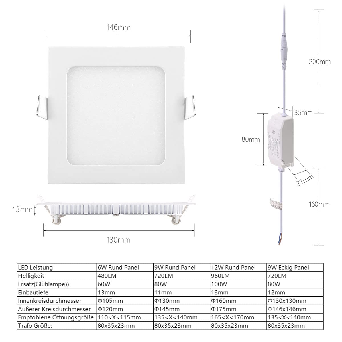 5er 9W LED Panel Weiß eckig Deckenleuchte Dimmbar Einbaustrahler, extrem flach,220V 720Lumen ersetzt 60W Leuchtstoffröhren LED Deckenleuten (3000k, 9w eckig Panel)