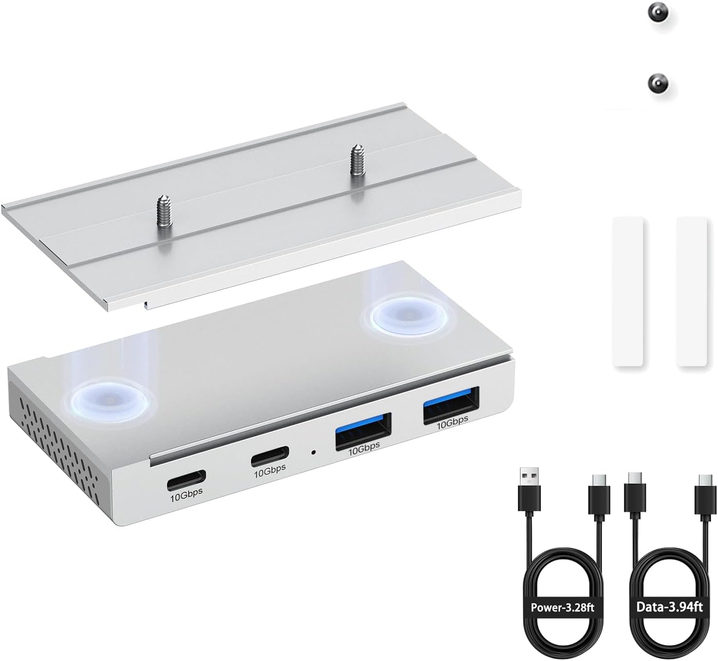 EJAY 10Gbps Magnetic USB-C Hub, 4-Port Aluminum USB 3.2 Gen2 Splitter with Removable Adhesive Pads for Renters, 47" C-to-C & 39" A-to-C Cables, Docking Station for MacBook/PC, Silver
