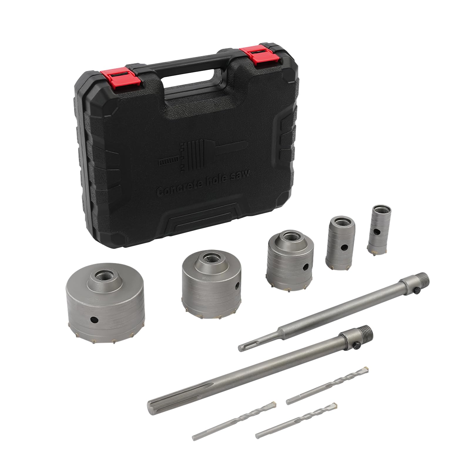 Set di 9 corone per calcestruzzo, attacco SDS-Plus & SDS-Max, diametro 30-100 mm, profondità di taglio 350 mm, con 2 punte di centraggio e valigetta di stoccaggio, per martello elettrico, mattoni e