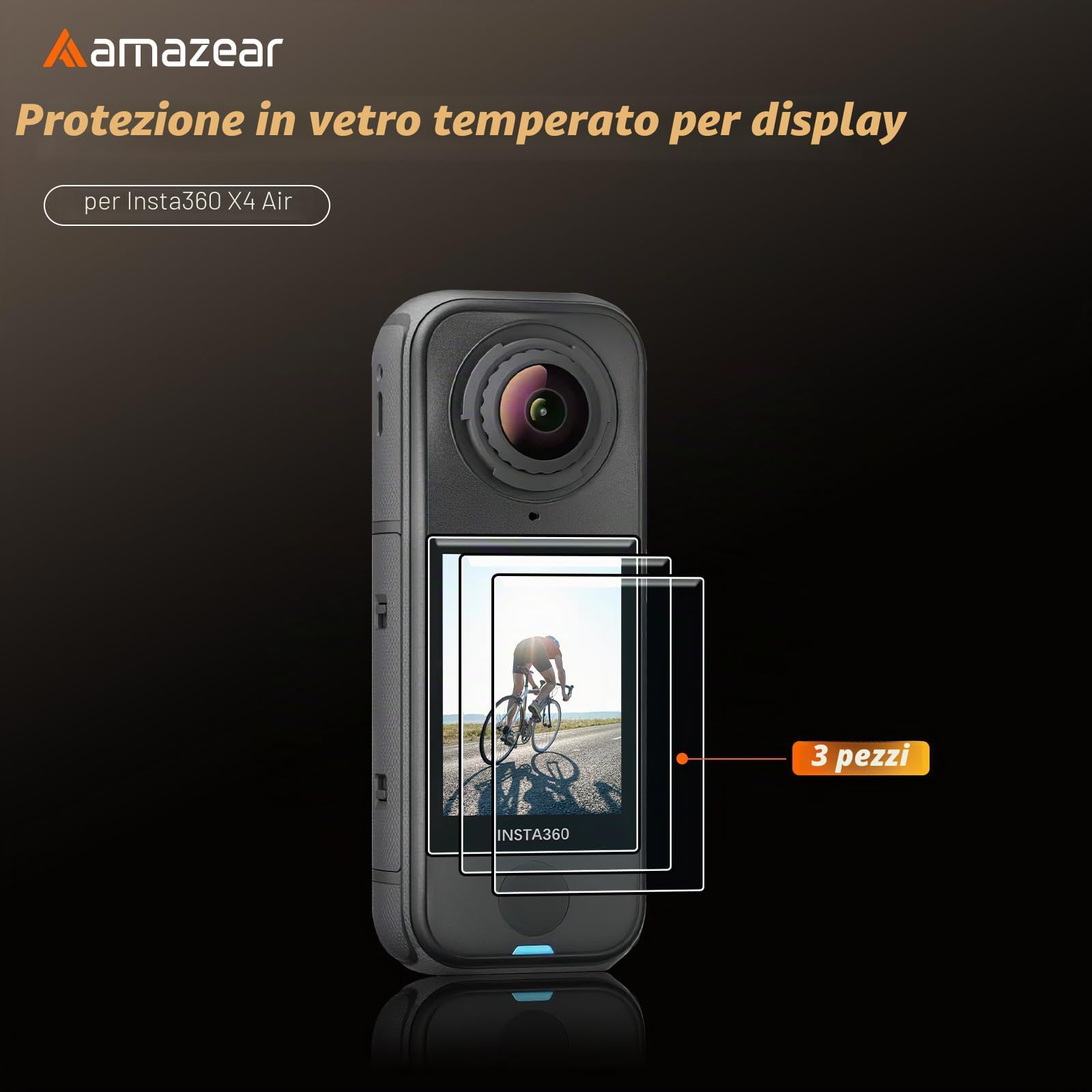 AMAZEAR Protezione Schermo per Insta360 X4 Air Action Camer (confezione da 3), accessori Insta 360 X4 Air, pellicola in vetro temperato impermeabile, anti-graffio, anti-impronte, anti-bolle